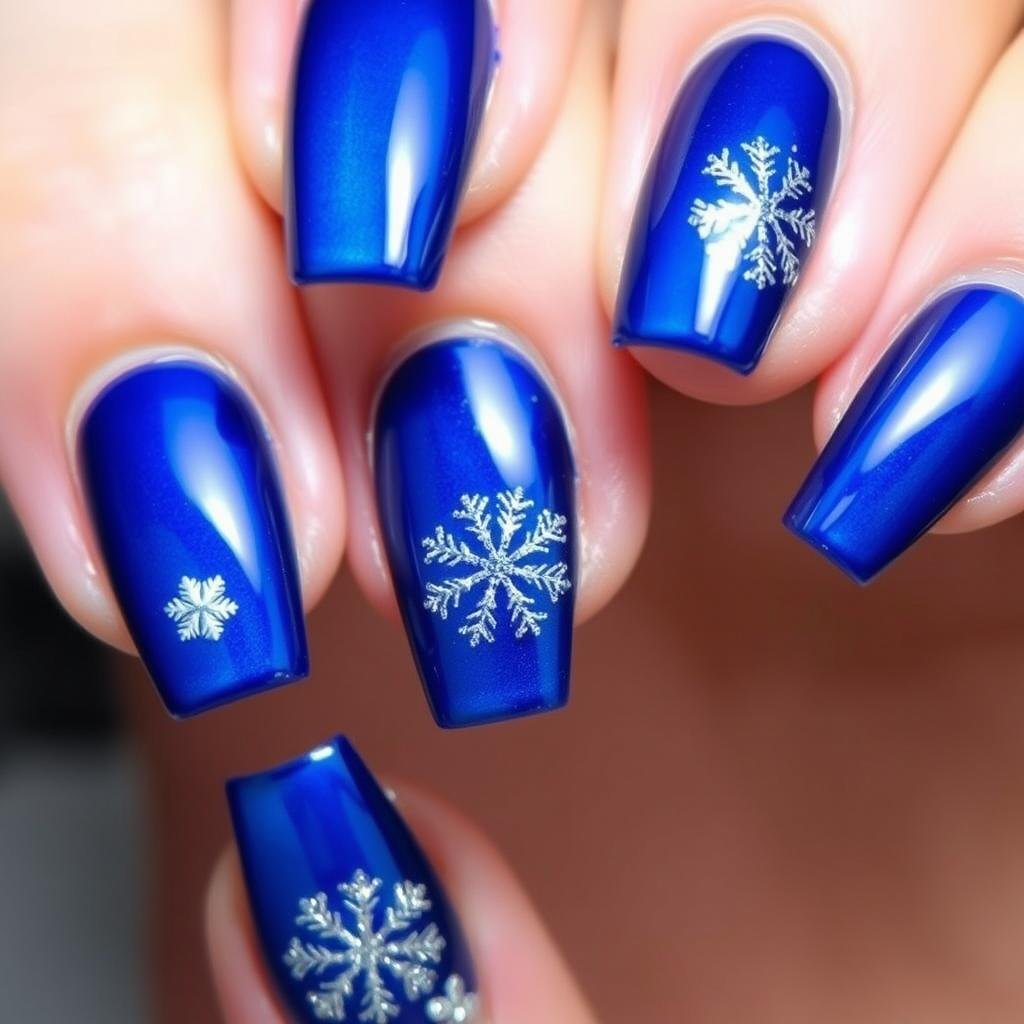 Holiday blue acrylic nails with silver accents