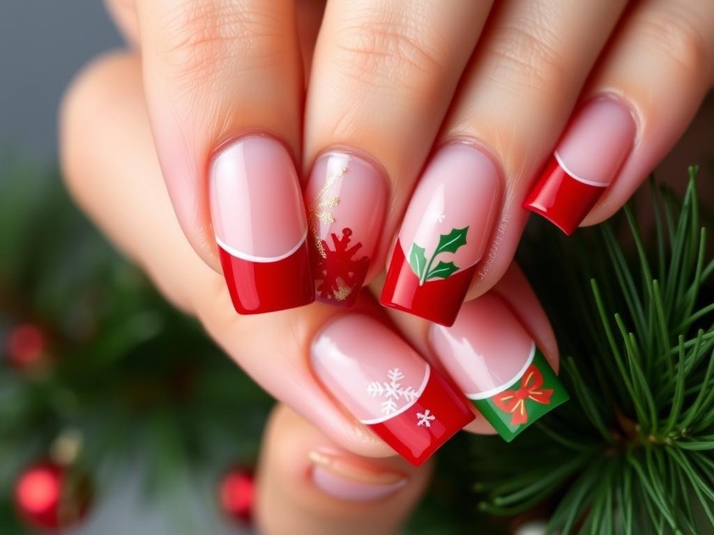 Holiday french tip acrylic nails with design featuring festive elements