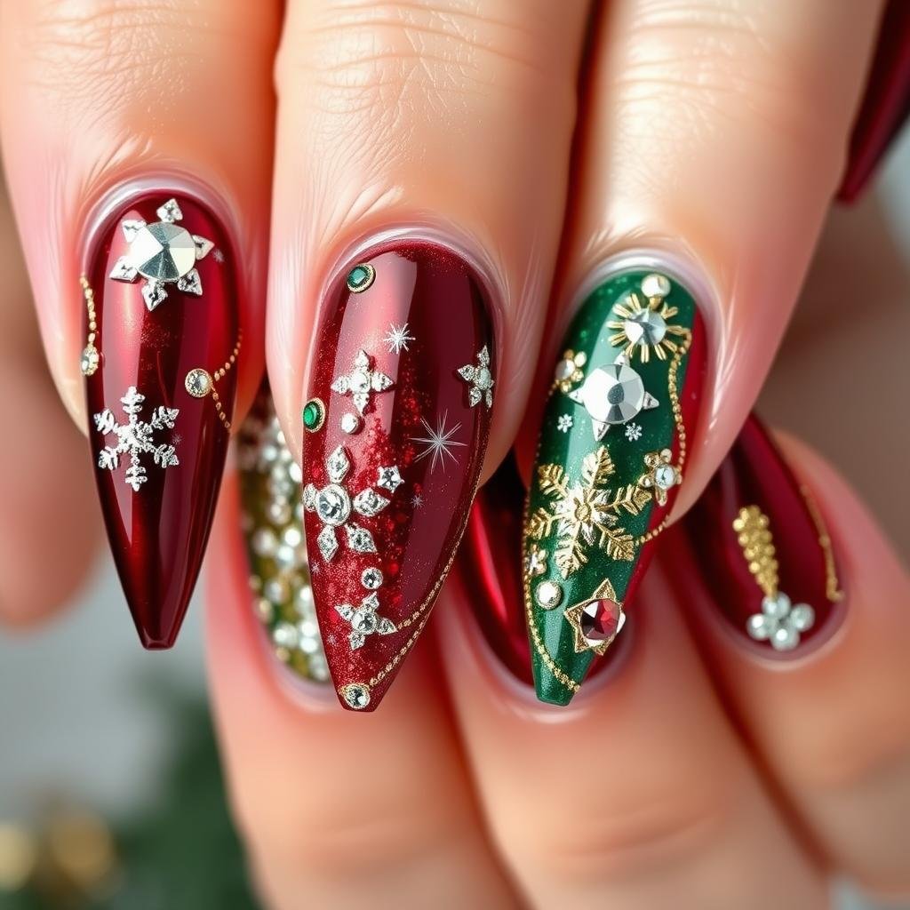 Holiday-themed bling acrylic nails with red, green and gold with snowflake rhinestones