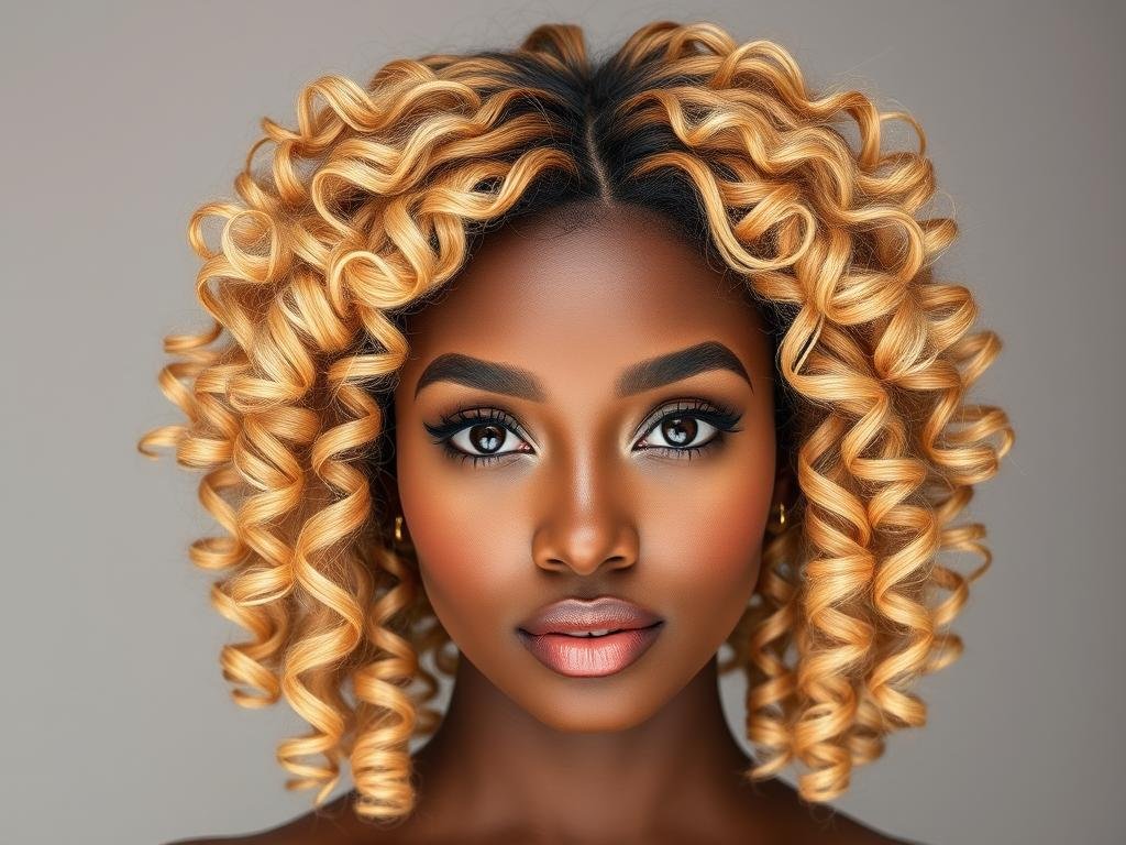 Honey blonde curly wig on Black model showing natural hairline and volume