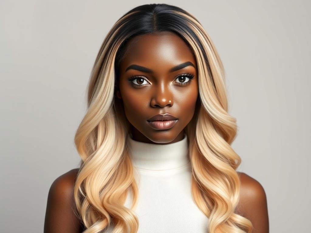 Honey blonde wig with dark roots on Black model showing natural hairline