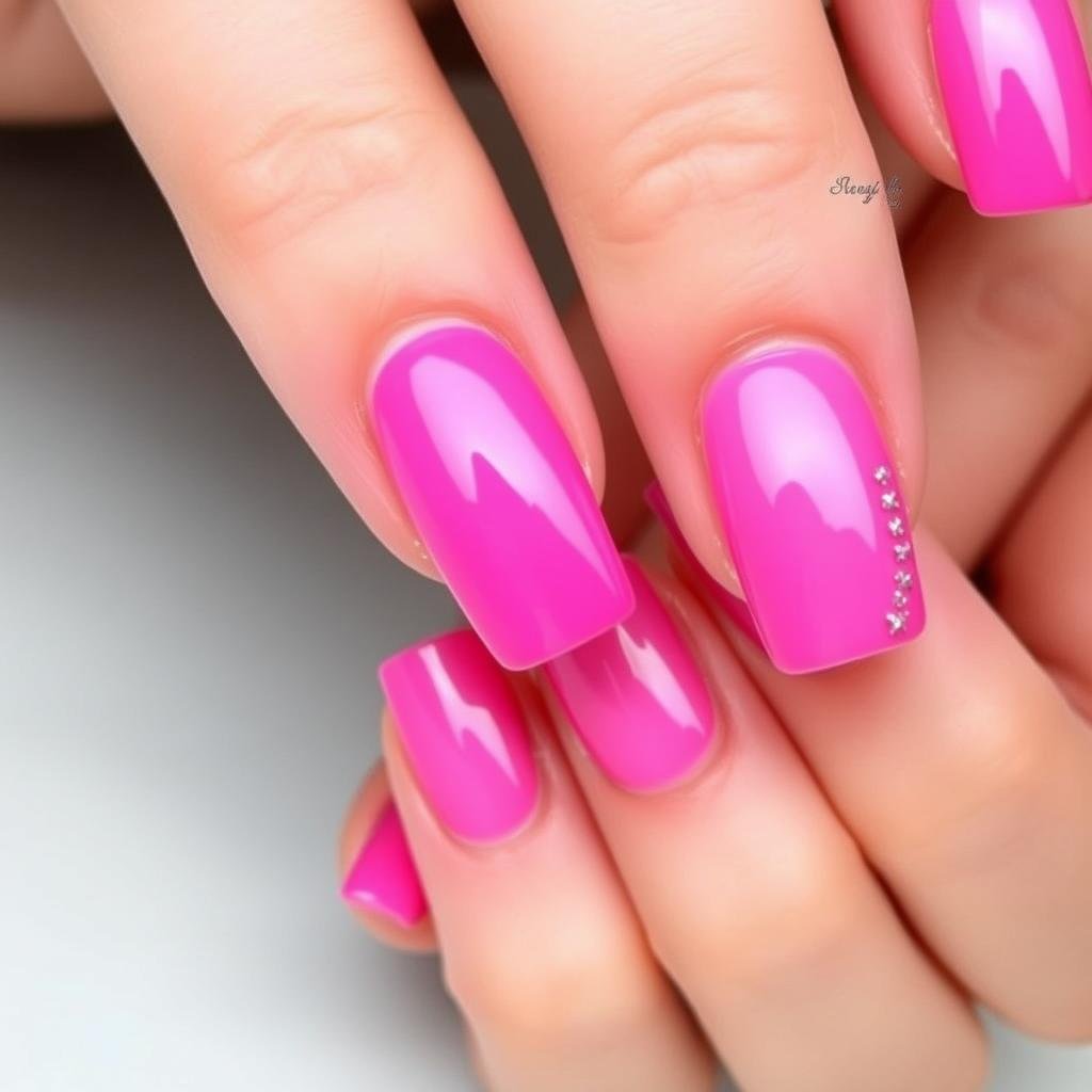 Hot pink acrylic nails with square shape and glitter accents