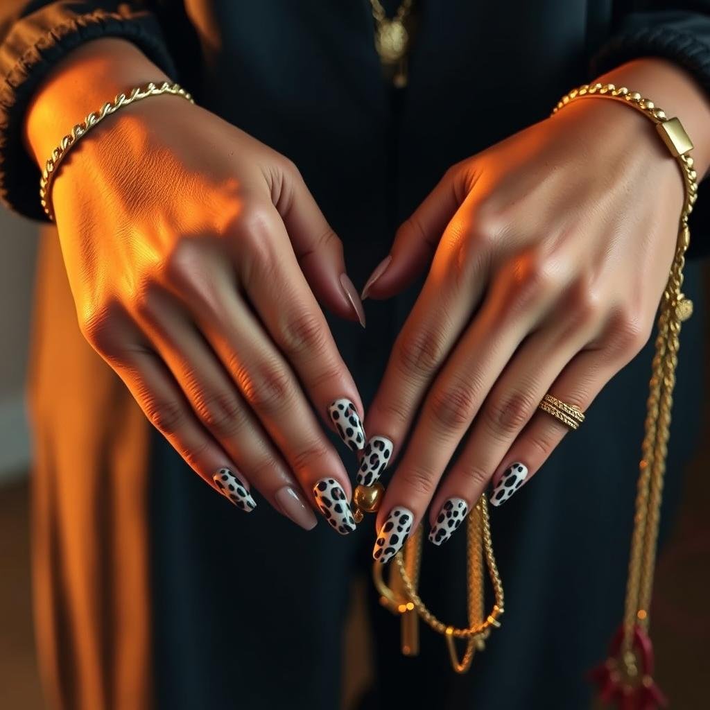 Leopard acrylic nails paired with gold jewelry