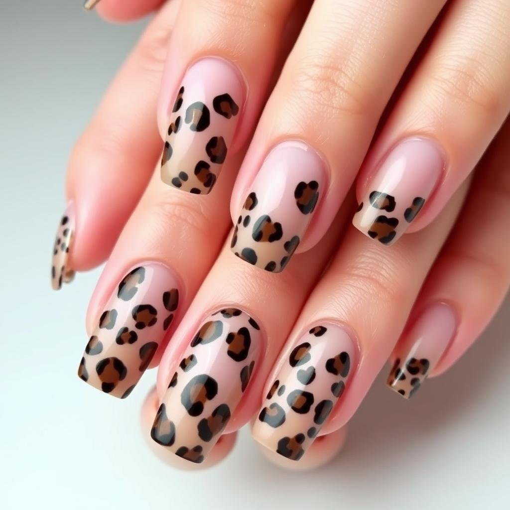 Leopard acrylic nails with glossy finish on square-shaped nails