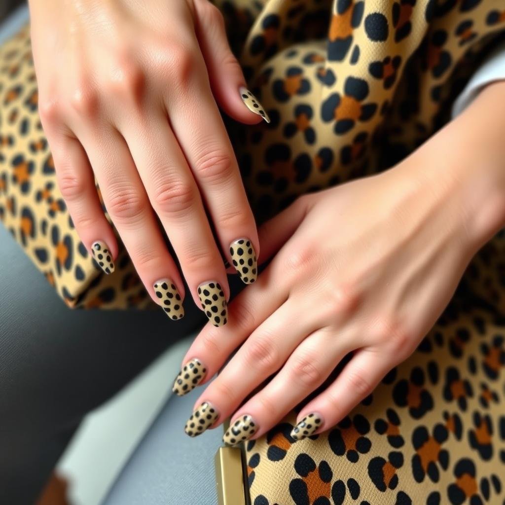 Leopard acrylic nails with matching leopard print fashion accessories