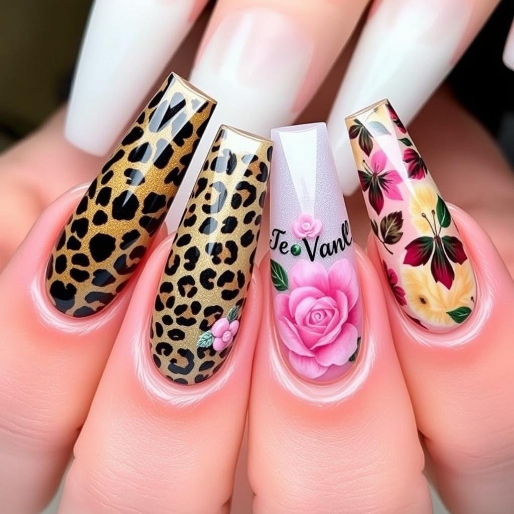Leopard and floral combination acrylic nail design