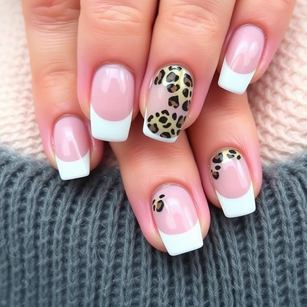 Leopard print French tip acrylic nails on square shape