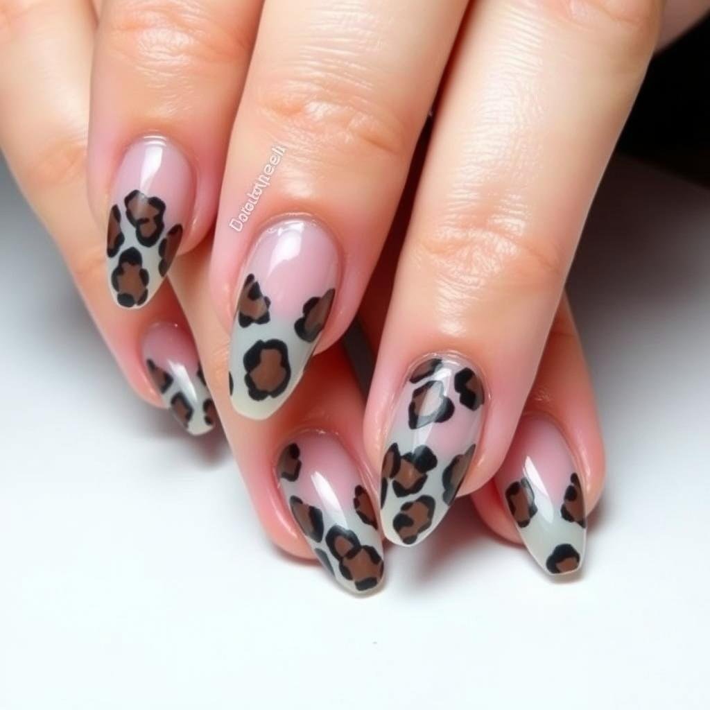 Leopard print acrylic nails with negative space design
