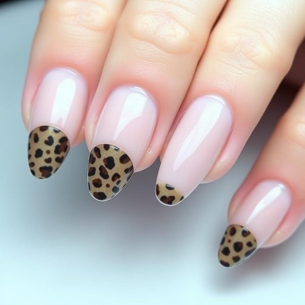 Leopard print half-moon design on neutral acrylic nails