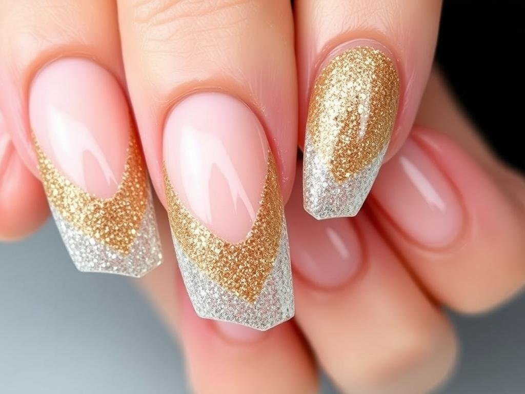 Long almond acrylic nails with gradient glitter design