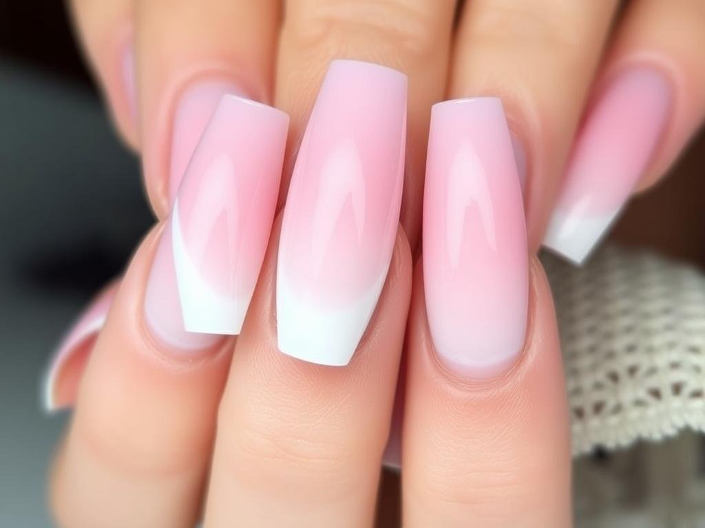 Long almond acrylic nails with soft pink to white ombré effect