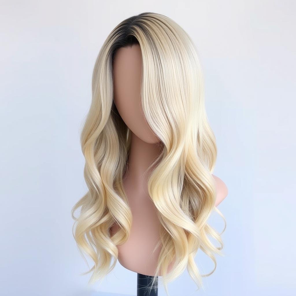Long blonde wavy wig with natural-looking roots