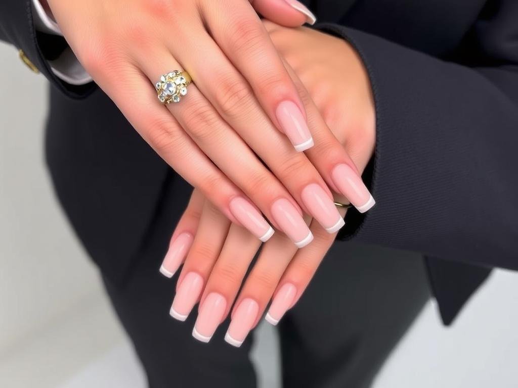 Long square acrylic nails in professional-appropriate designs and colors