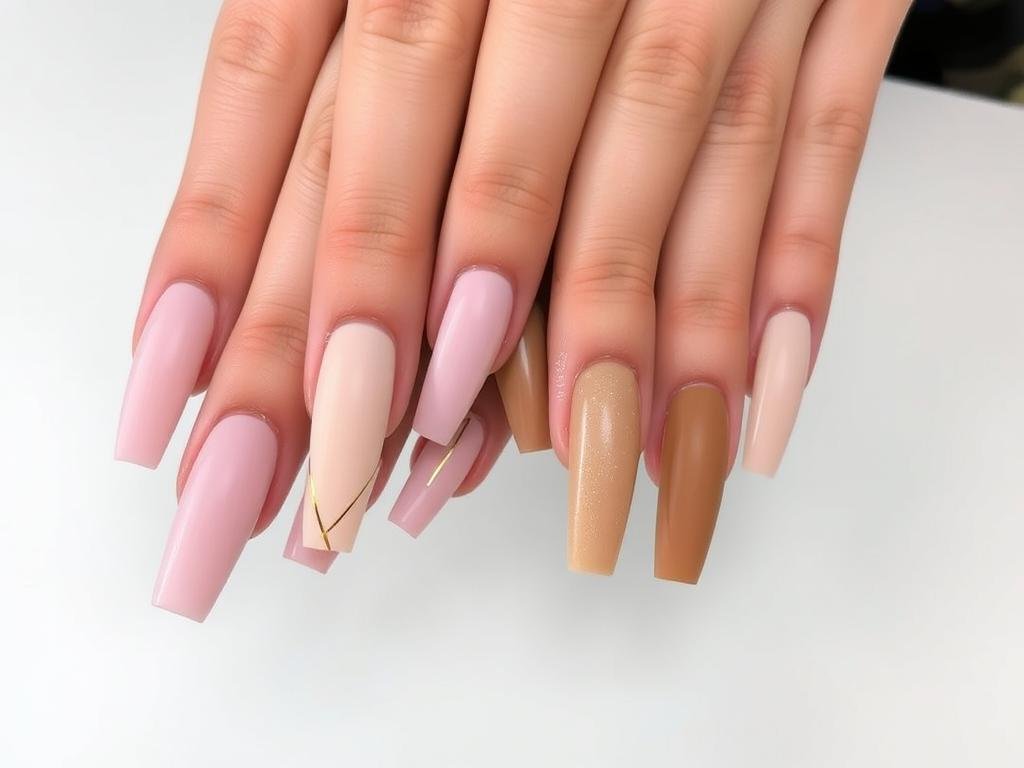 Long square acrylic nails in various nude and neutral tones with minimal designs