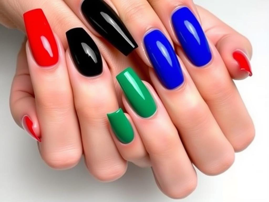 Long square acrylic nails in vibrant solid colors including red, black, and blue