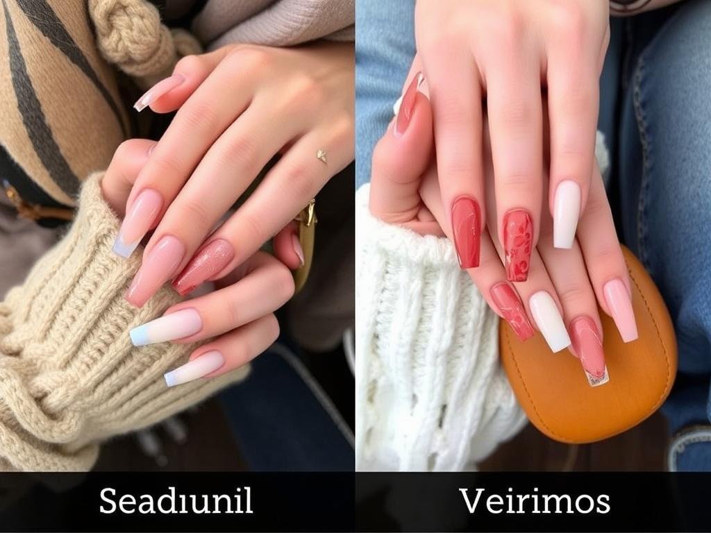 Long square acrylic nails styled for different seasons with coordinating accessories