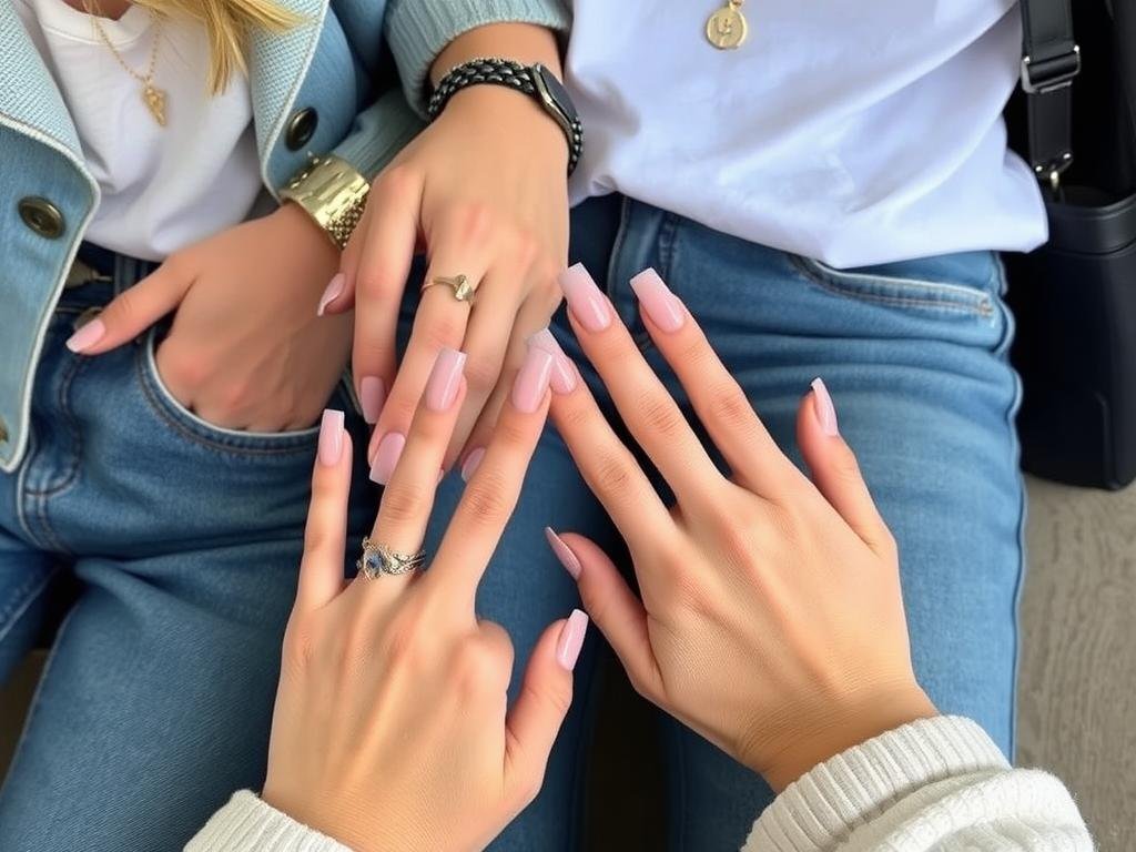 Long square acrylic nails styled with casual outfits and accessories