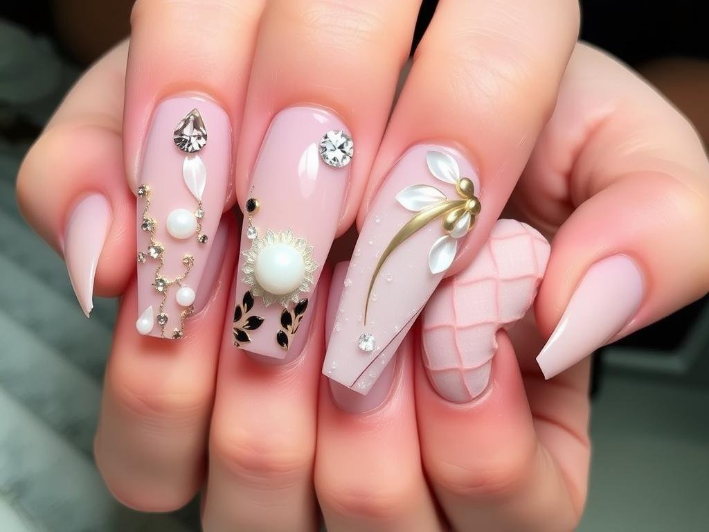 Long square acrylic nails with 3D elements including gems, pearls, and textured designs