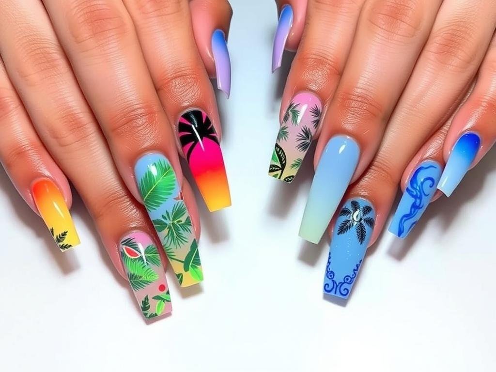Long square acrylic nails with bright summer colors and tropical designs