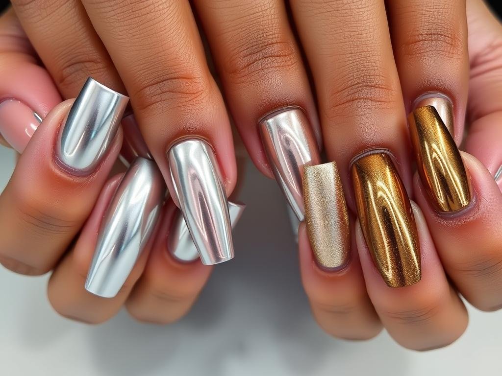 Long square acrylic nails with chrome and metallic finishes in various colors