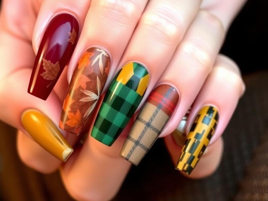 Long square acrylic nails with fall-inspired earth tones and textured designs