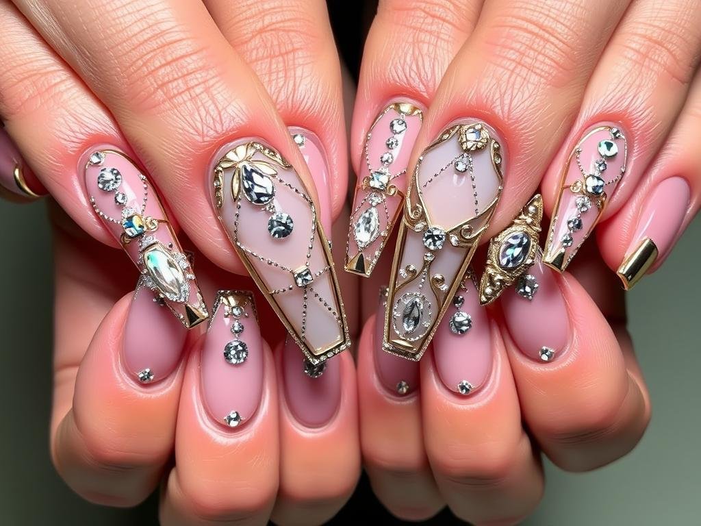 Long square acrylic nails with glamorous designs for special occasions