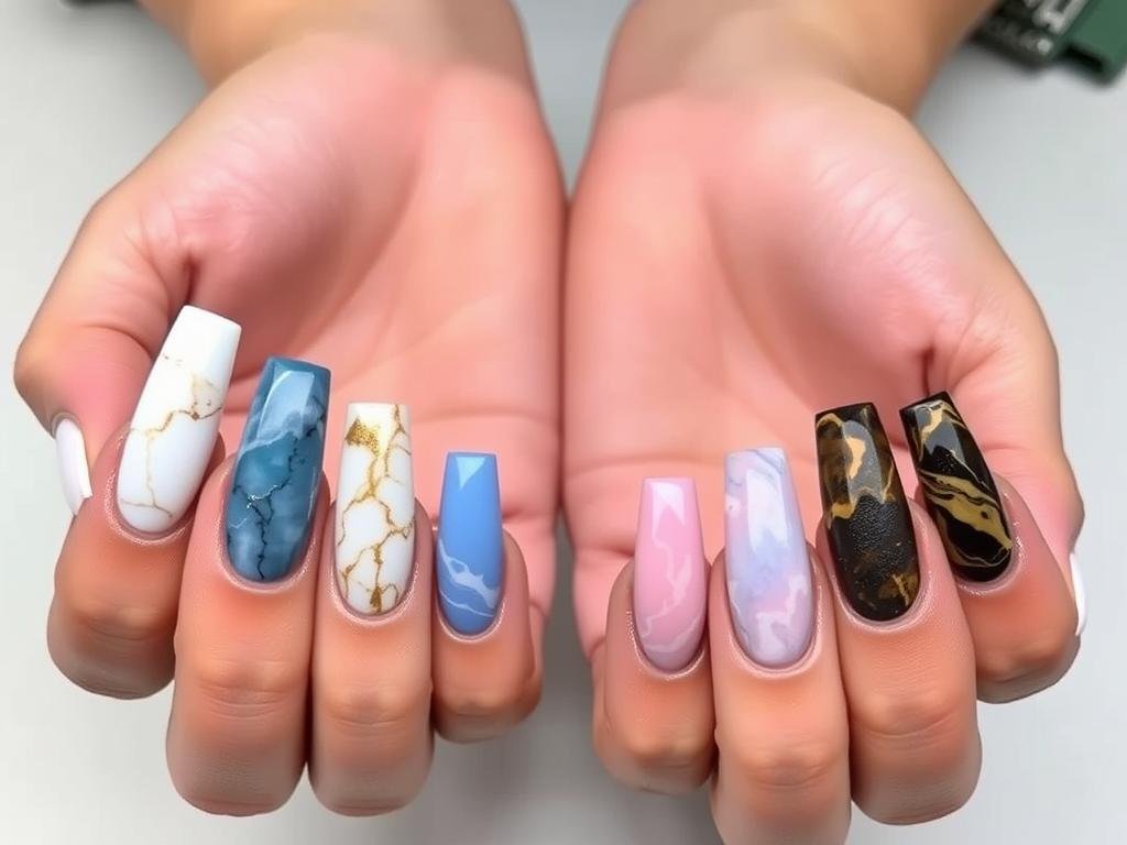 Long square acrylic nails with marble and natural stone effects in various colors
