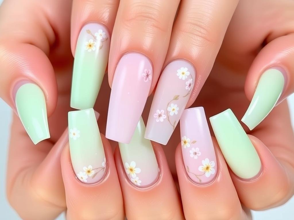 Long square acrylic nails with spring floral designs and pastel colors