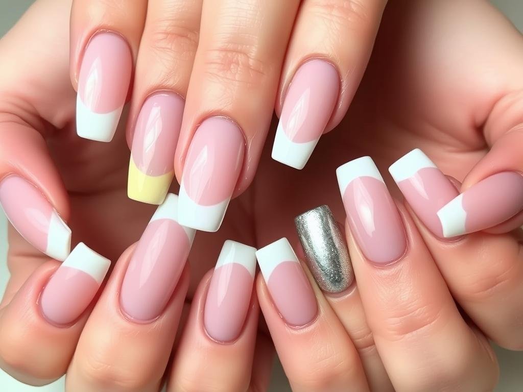 Long square acrylic nails with various French tip designs in different colors and widths