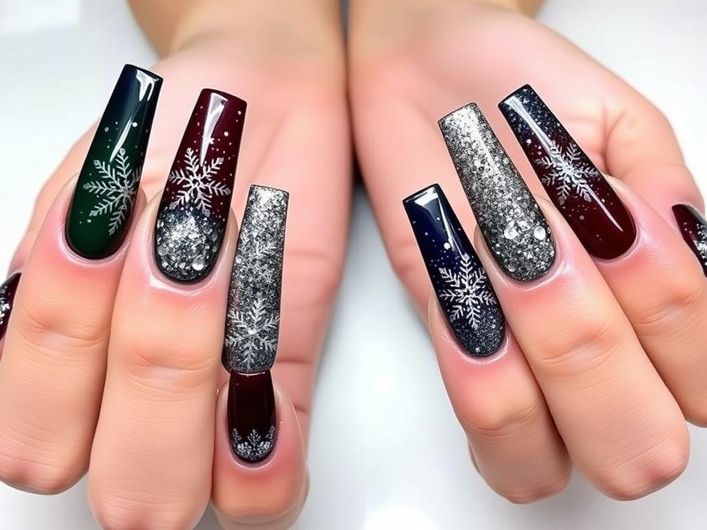 Long square acrylic nails with winter-inspired designs and holiday sparkle