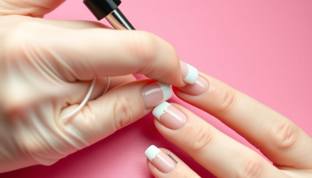 Maintenance of french tip acrylic nails with design showing application of top coat