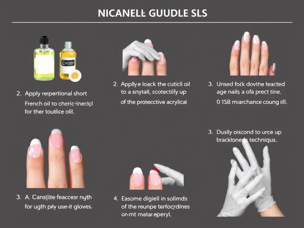 Maintenance routine for short French tip acrylic nails showing application of cuticle oil