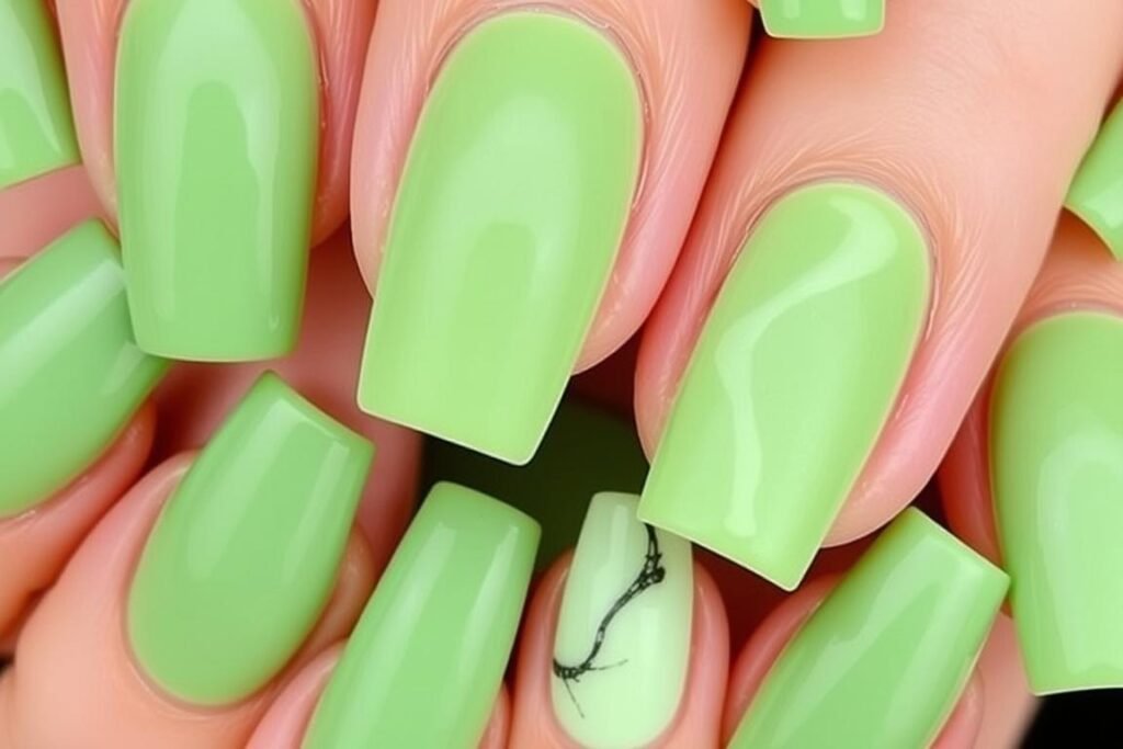 Matcha green acrylic nails in various designs and finishes