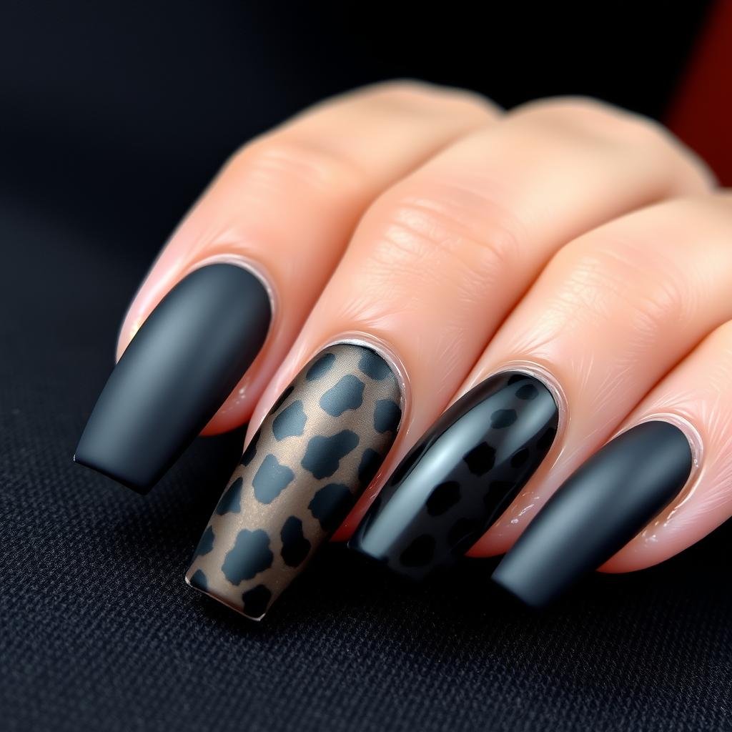 Matte black leopard print acrylic nails