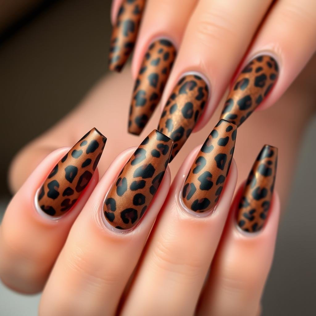 Matte finish leopard acrylic nails with gold accents