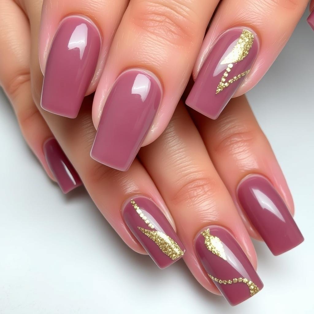 Mauve acrylic nails with gold foil details