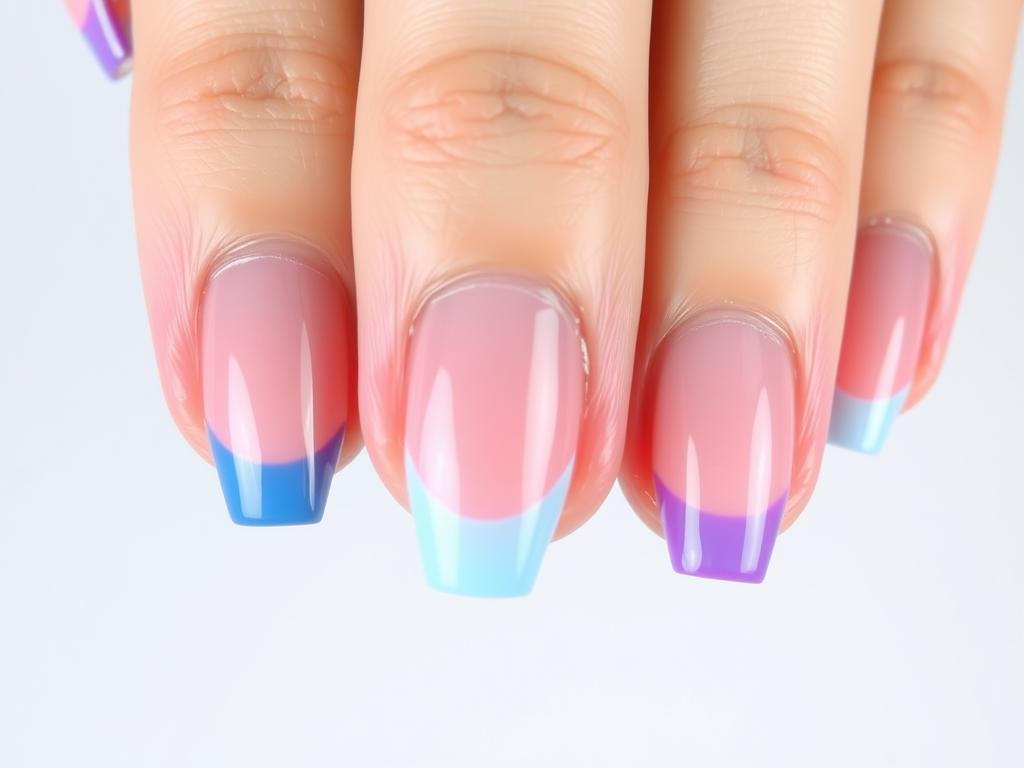 Medium acrylic nails with colorful French tips in blue, pink, and purple