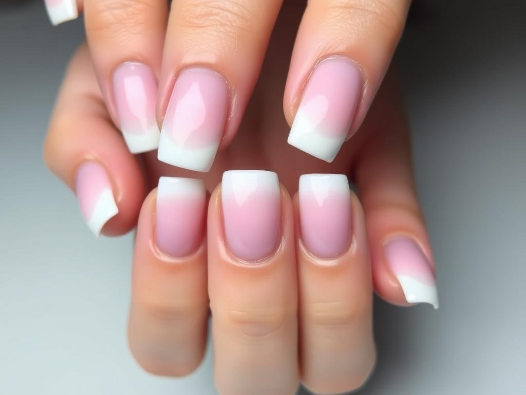 Medium acrylic nails with ombré French tips transitioning from pink to white