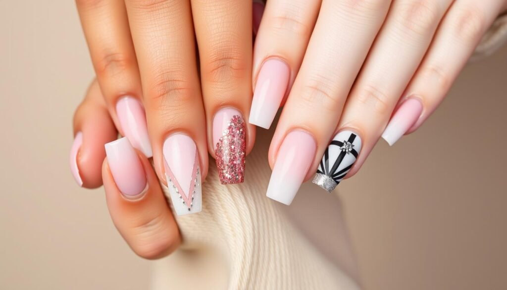 Medium length square acrylic nails with various designs including ombre and glitter