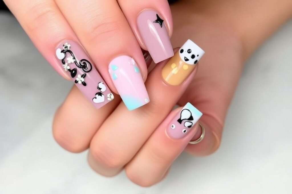 Medium-toned hands with caramel nude acrylic nails