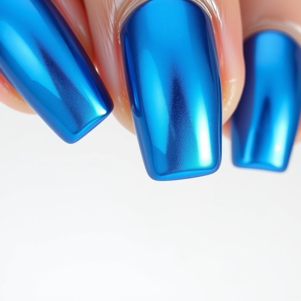 Metallic blue square acrylic nails with chrome effect