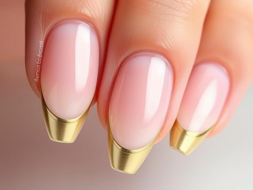 Metallic french tip acrylic nails almond shape with gold tips