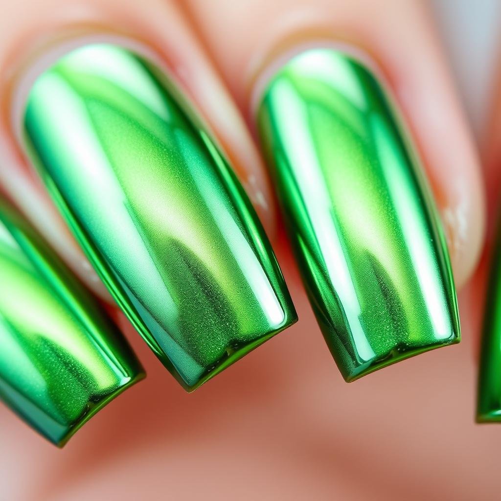 Metallic green chrome finish acrylic nails with light-reflecting surface