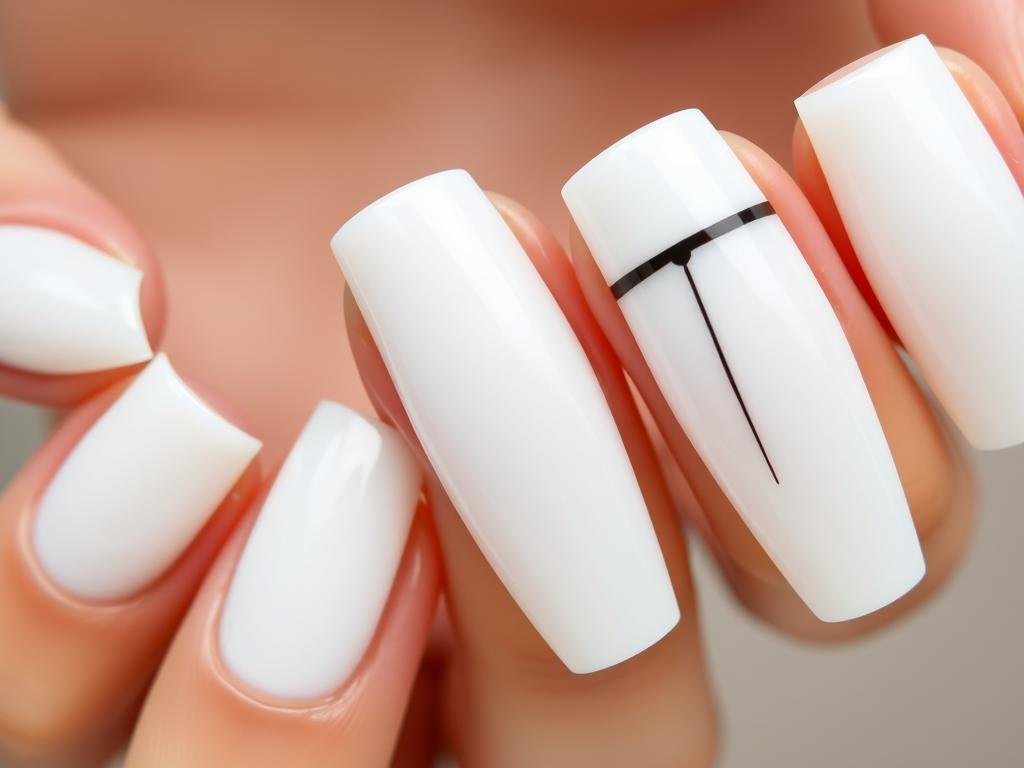 Milky white acrylic nails with minimalist line art