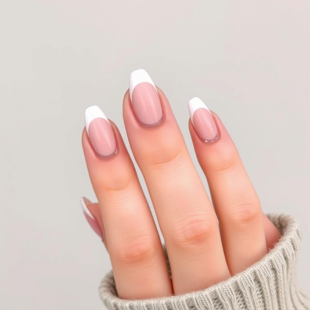 Minimalist french tip acrylic nails almond shape with thin line