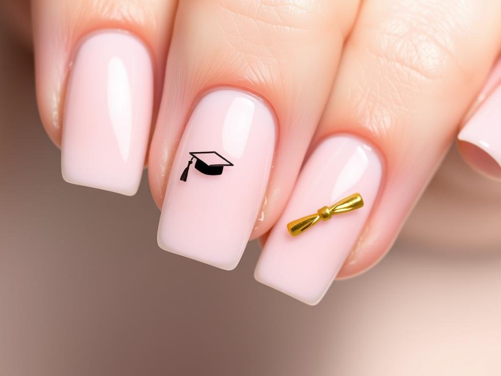 Minimalist graduation acrylic nails with tiny cap and diploma designs