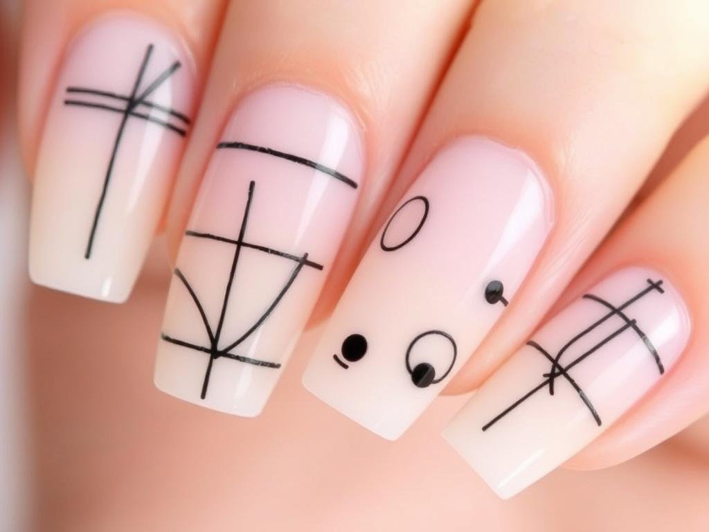 Minimalist line art on acrylic nails with simple geometric patterns
