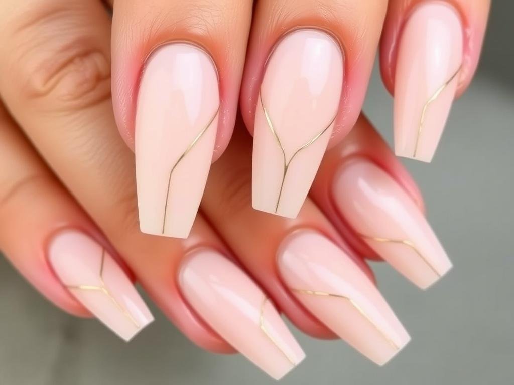 Minimalist long almond acrylic nails with negative space designs