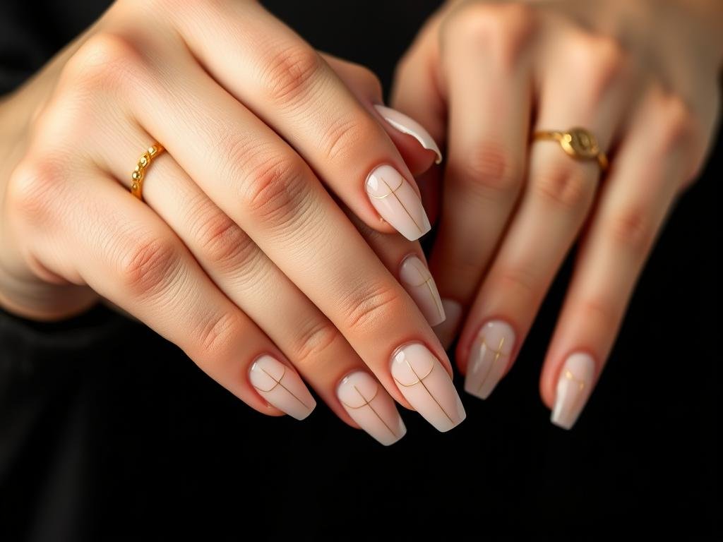 Minimalist nail art on classy acrylic nails with thin gold lines and subtle geometric patterns