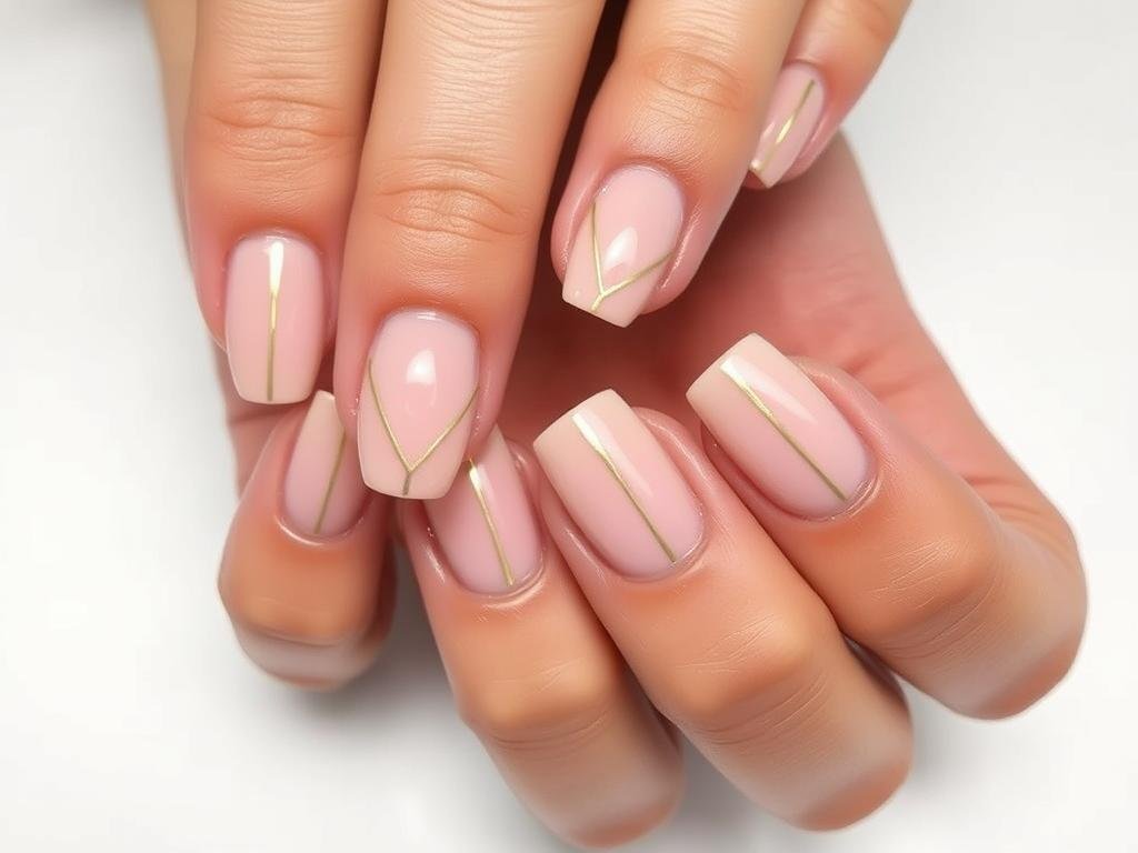 Minimalist rounded square acrylic nails in nude colors with simple line art
